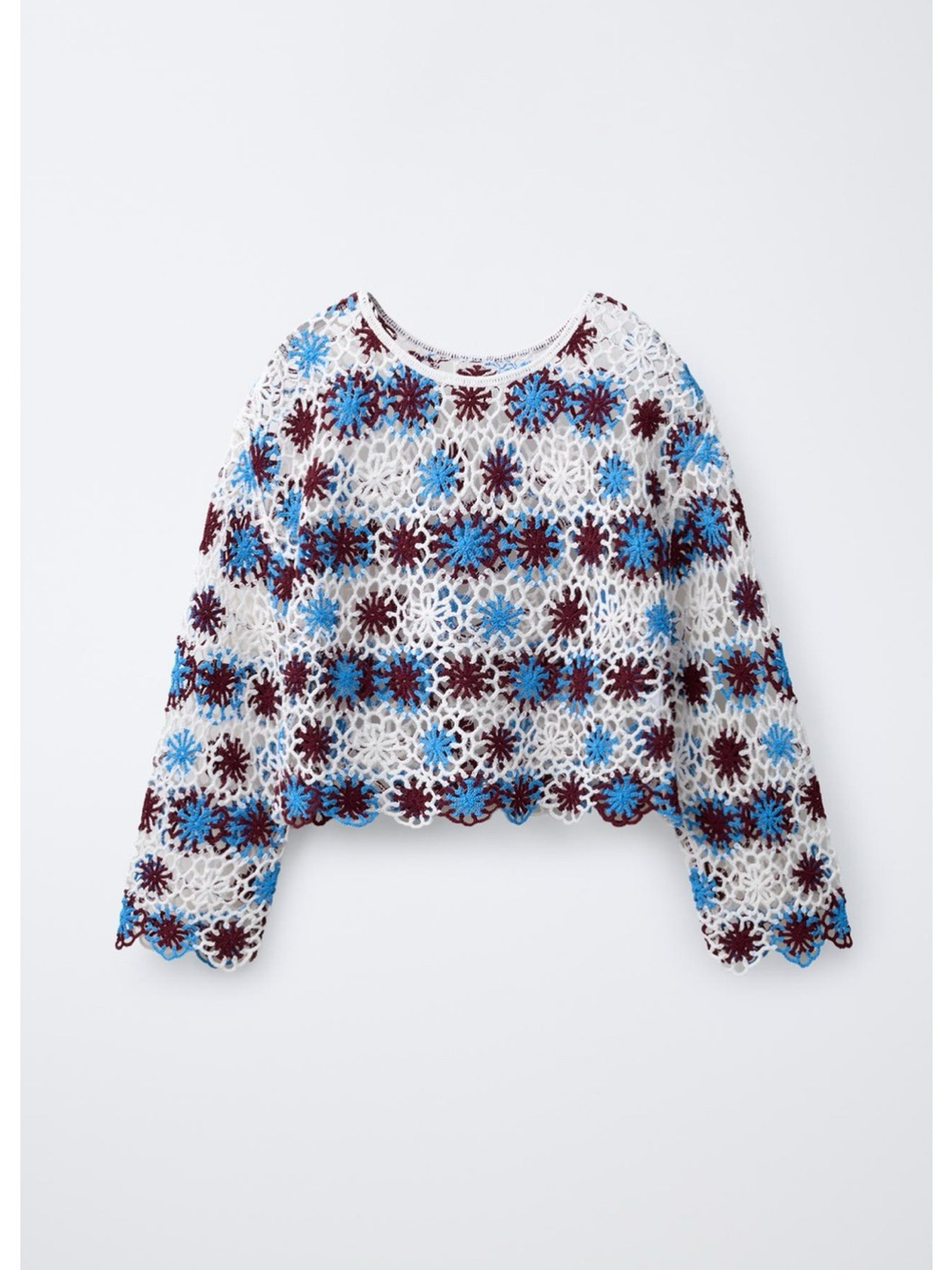 Zara White Crochet Floral Lace Crop Top with Blue & Burgundy Accents